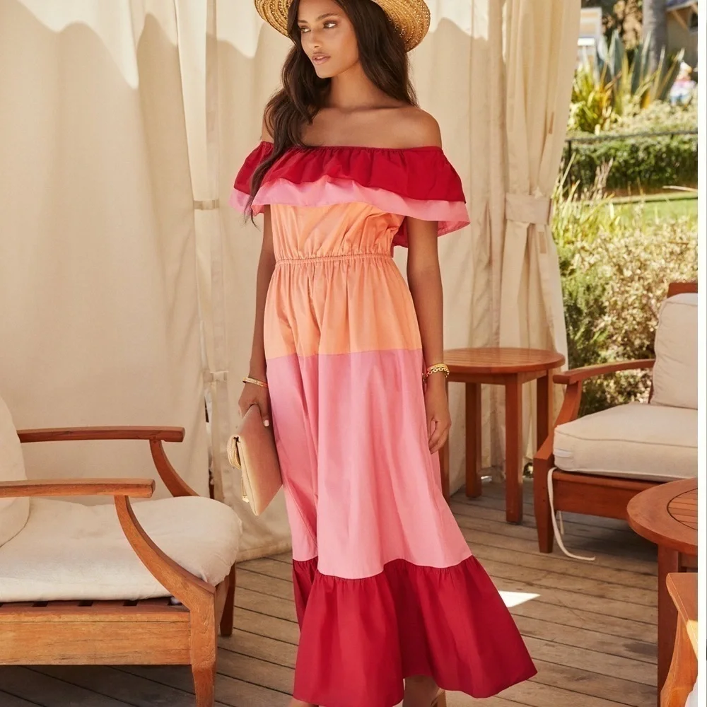 English Factory Pink, Orange, Red Off the Shoulder Maxi Dress